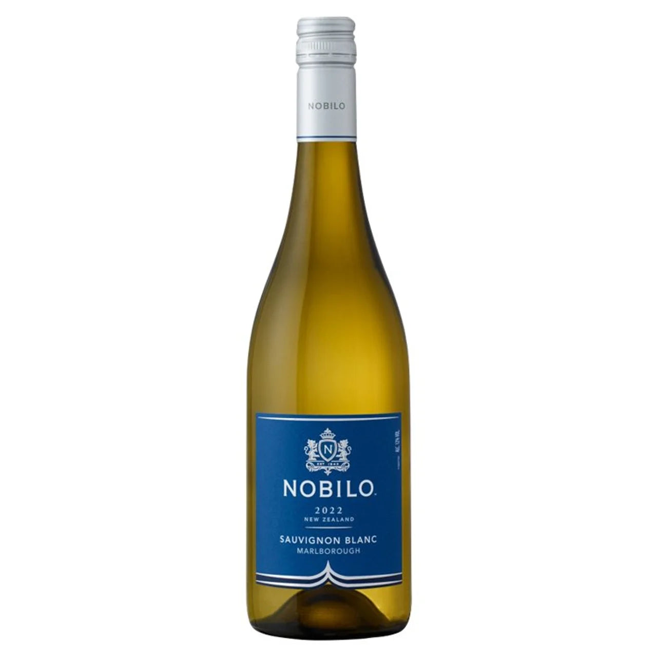 Bottle of Nobilo Sauvignon Blanc wine on a white background