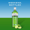 Gordon's gin bottle with lime wedges on a green and blue gradient background