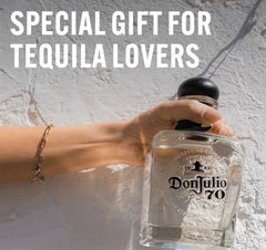Hand holding a bottle of Don Julio tequila with text 'Special Gift for Tequila Lovers' on a textured surface.