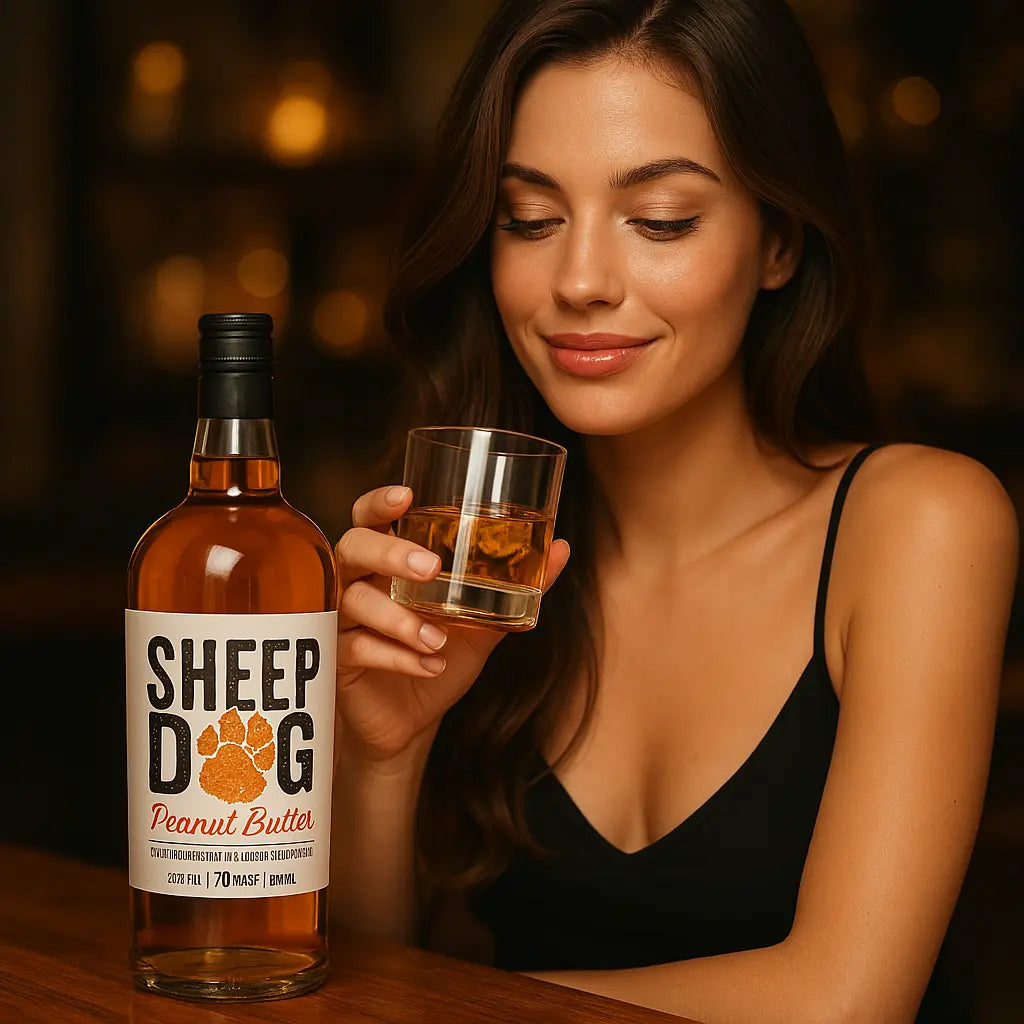 girl with Sheep Dog Peanut Butter Whiskey