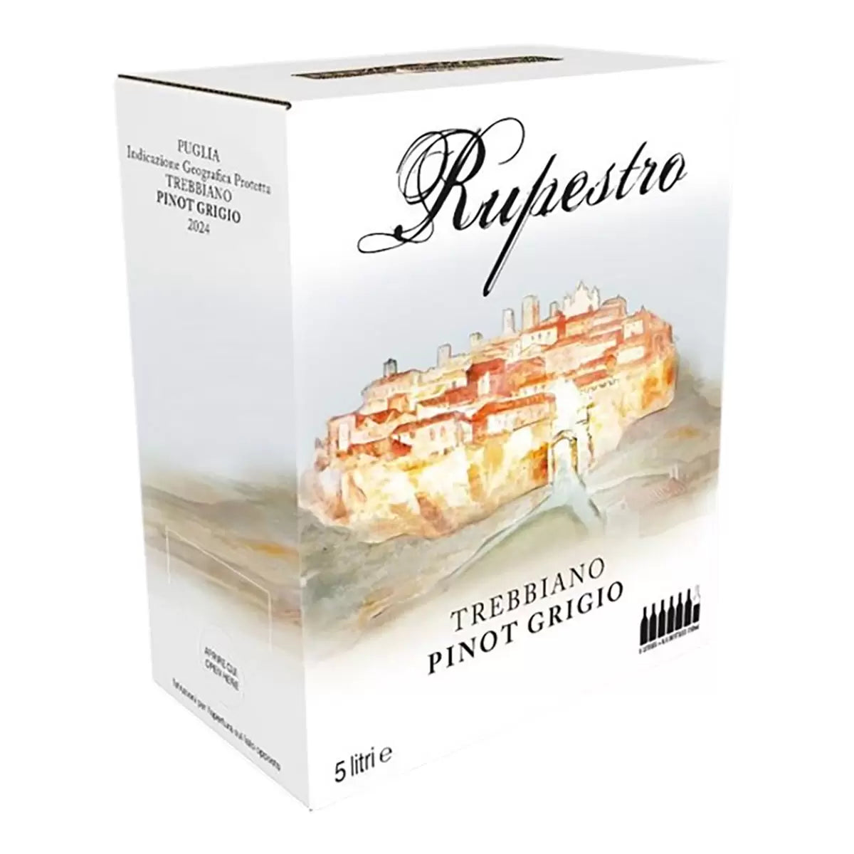 Wine box labeled 'Rupestro' with a depiction of wine bottles and text on a white background