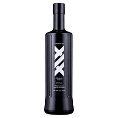Black vodka bottle with 'XIX' branding on a white background