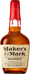 Bottle of Maker's Mark Whisky with a red cap on a white background
