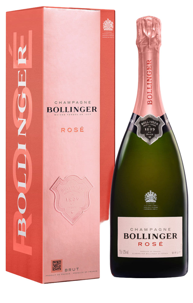 Bollinger Rose champagne bottle and packaging on a white background