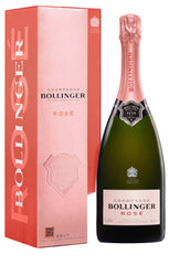 Bollinger Rose champagne bottle and packaging on a white background