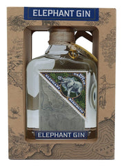 Bottle of Elephant Gin in a decorative box with branding and design elements.