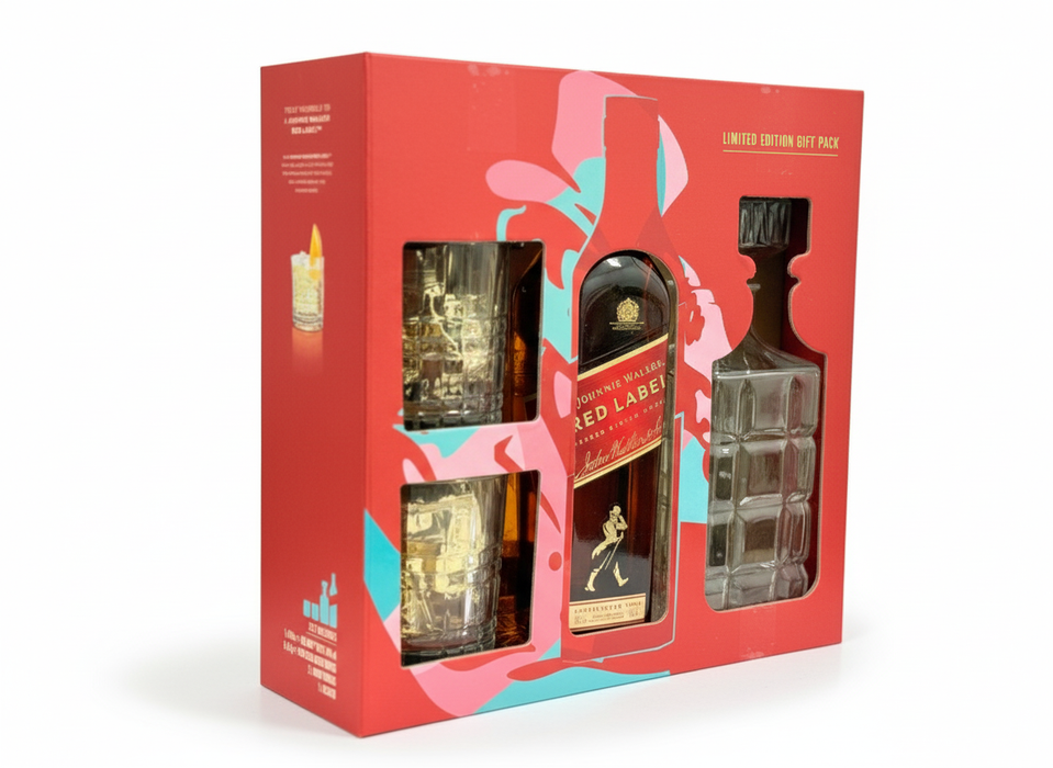 Johnnie Walker Red Label whiskey gift set with packaging on a white background
