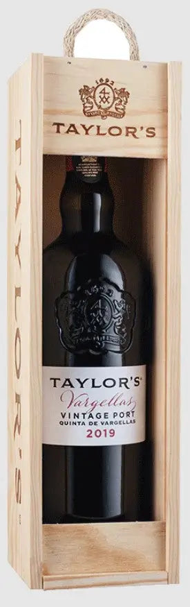 Taylor's vintage port wine bottle in a wooden box