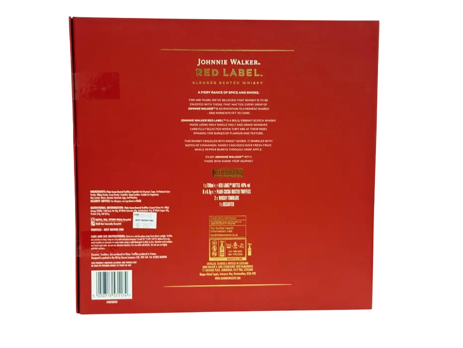 Back view of a Johnnie Walker Red Label whisky box with text and branding.