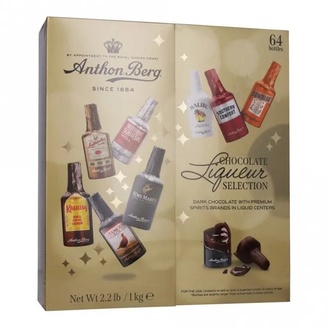 Anthon Berg chocolate liqueur selection packaging with various bottle illustrations on a beige background.