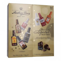 Anthon Berg chocolate liqueur selection packaging with various bottle illustrations on a beige background.