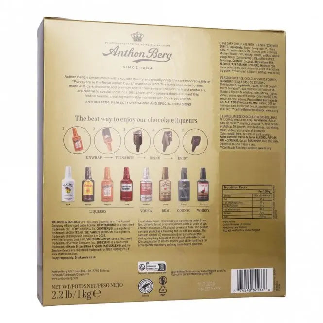 Back of a chocolate liqueurs packaging with brand name and product details.