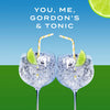 Two glasses of Gordon's gin with lime wedges and straws on a blue and green gradient background.