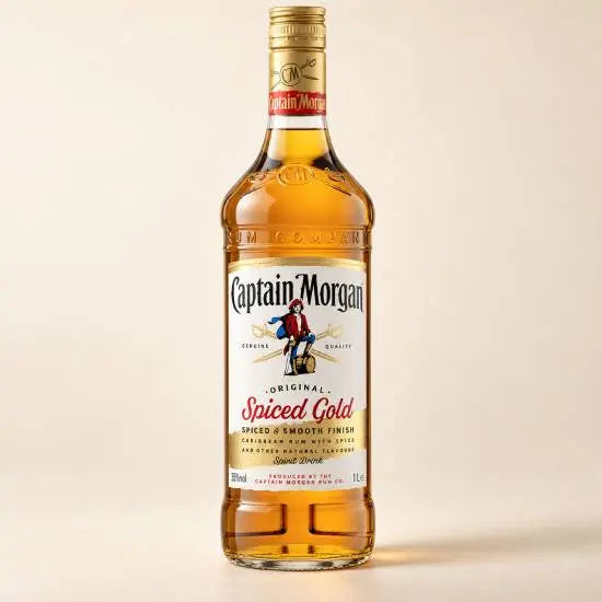 Spiced gold rum 1L bottle with Captain Morgan pirate label, Badger page