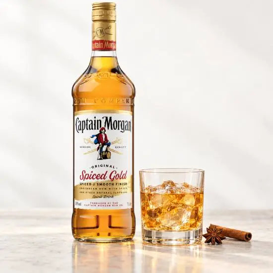 Captain Morgan gold spiced rum 1L, side view, Badger page