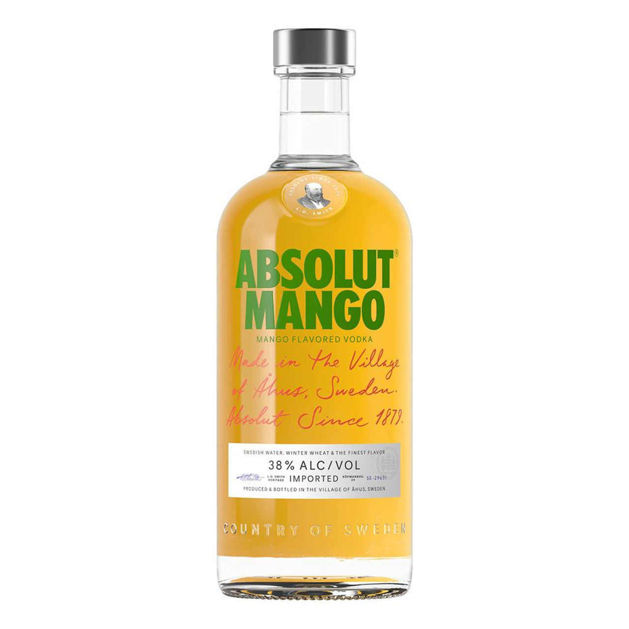 Absolut Mango vodka bottle on a white background