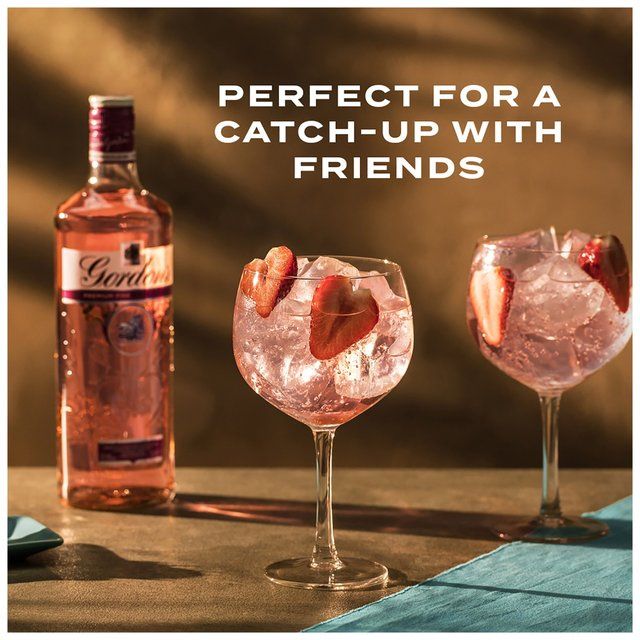 Gin bottle with two glasses of pink cocktail on a wooden surface, text 'Perfect for a catch-up with friends'.