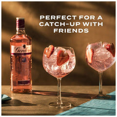 Gin bottle with two glasses of pink cocktail on a wooden surface, text 'Perfect for a catch-up with friends'.