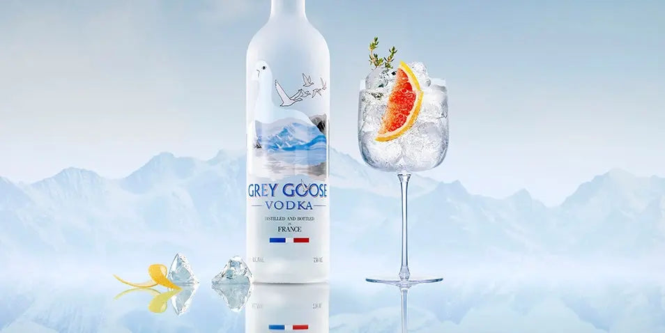 Grey Goose vodka bottle with a glass of vodka and orange slice against a mountainous background