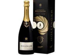 Bollinger champagne bottle and packaging with James Bond 007 design on a white background