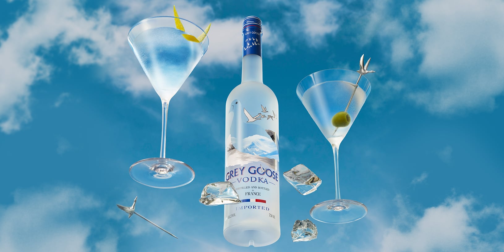 Grey Goose vodka bottle with two martini glasses against a blue sky background