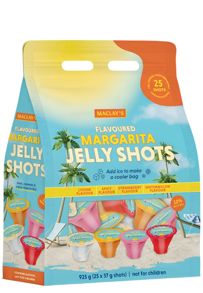 Packaging of Maclay's Flavoured Margarita Jelly Shots with colorful design and text.