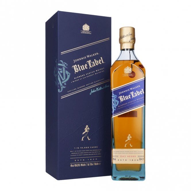 Johnnie Walker Blue Label whisky bottle and box on a white background