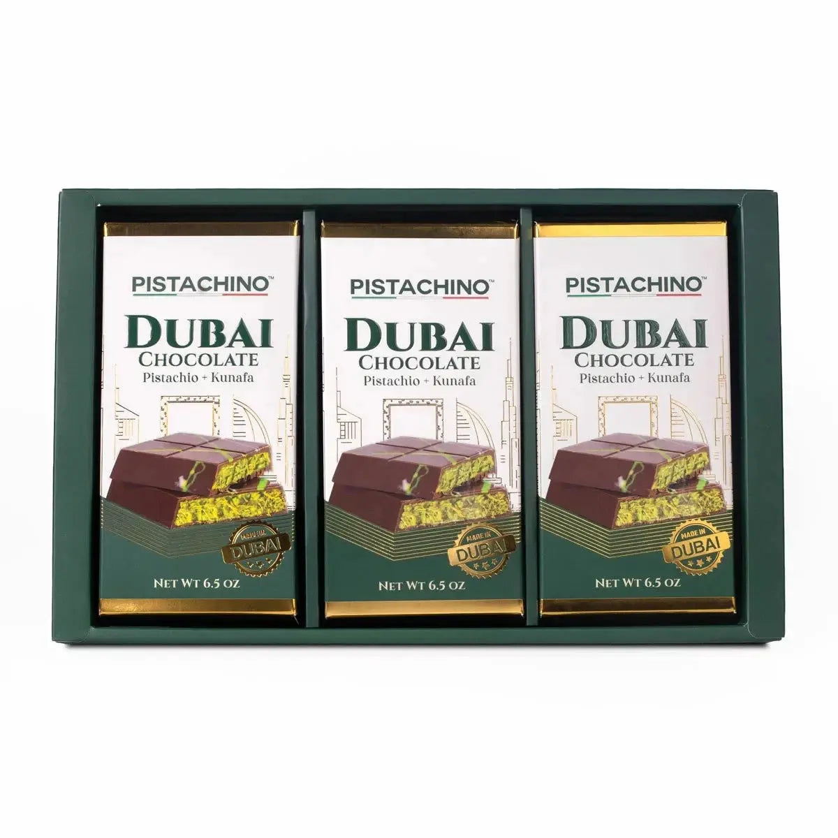 Pistachino Dubai Pistachio+Kunafa Chocolates Gift Set 3 Bars x 185g - RV Drinks