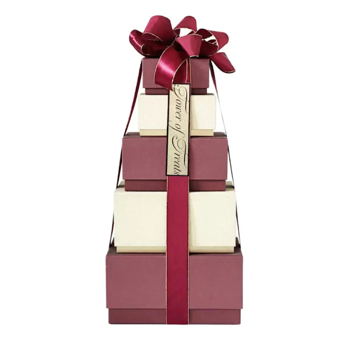 Stack of gift boxes with a red ribbon and bow on a white background