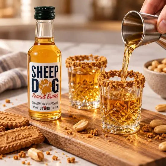 Mini Sheep Dog peanut butter whiskey bottle, front view