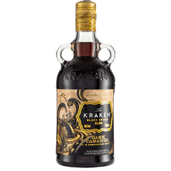 Bottle of The Kraken Black Spiced Rum with a gold cap on a white background