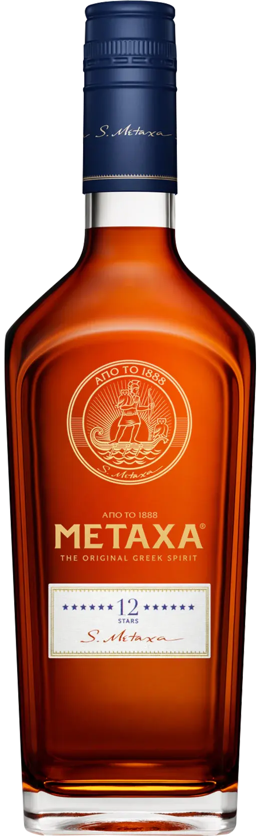 Metaxa bottle with blue cap and label on a white background