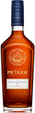 Metaxa bottle with blue cap and label on a white background