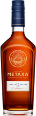 Metaxa bottle with blue cap and label on a white background