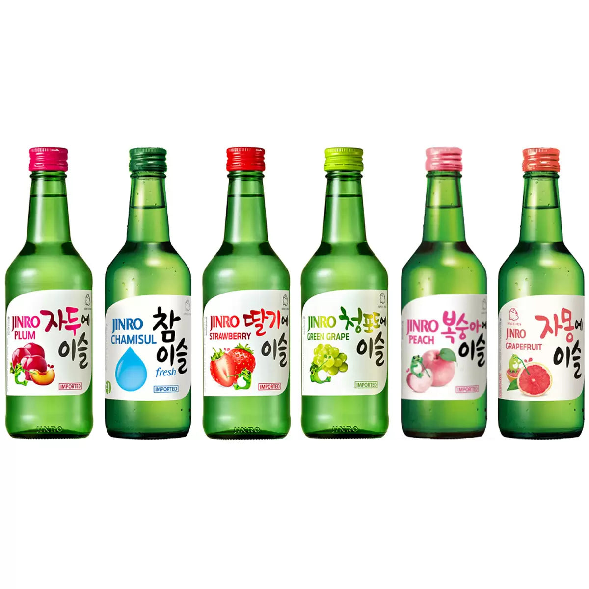 Six bottles of Jinro soju with different flavors on a white background