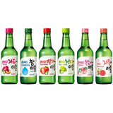 Six bottles of Jinro soju with different flavors on a white background