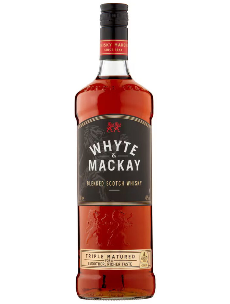 Bottle of Whyte & Mackay blended Scotch whisky on a white background