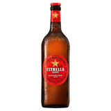 Estrella Damm beer bottle with red label on a white background