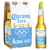 Pack of Corona Cero beer bottles with a lime wedge on a white background