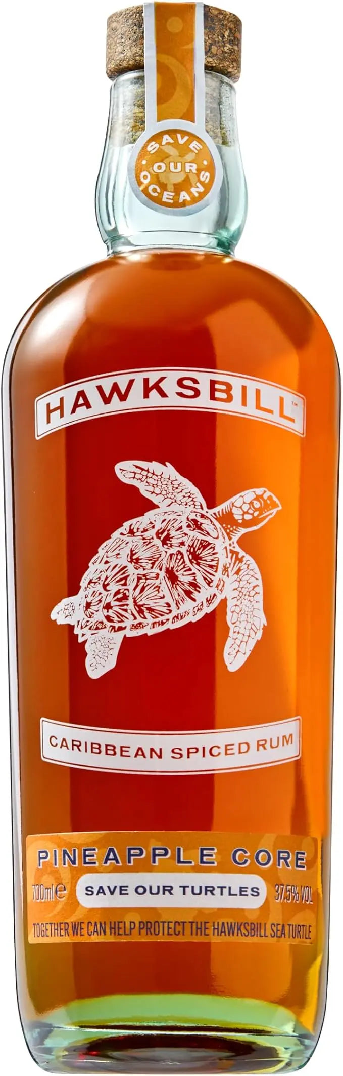 Hawksbill Caribbean Spiced Rum bottle with turtle illustration on a white background