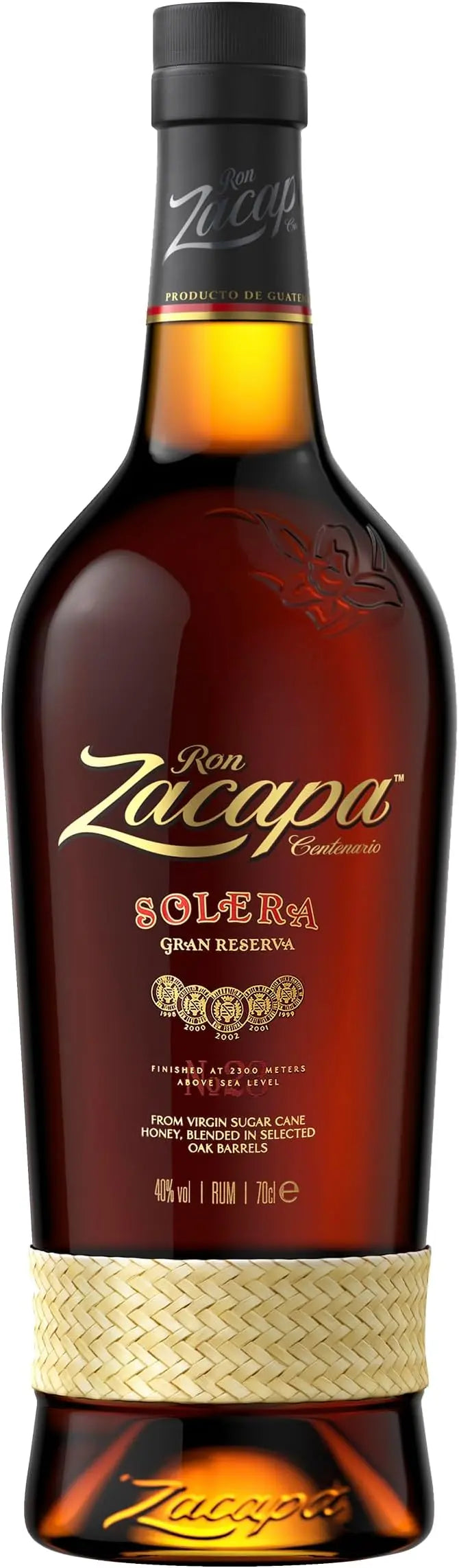 Bottle of Ron Zacapa Solera Gran Reserva rum with a dark brown label.