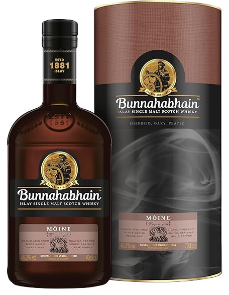 Bunnahabhain Islay Single Malt Scotch Whisky bottle and packaging on a white background