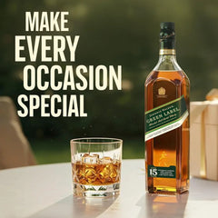 Johnnie Walker Green Label whisky bottle with a glass of whisky on a table, text 'Make Every Occasion Special'.