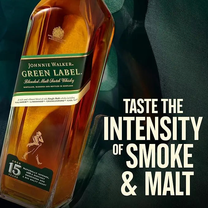 Johnnie Walker Green Label whisky bottle with promotional text on a dark background