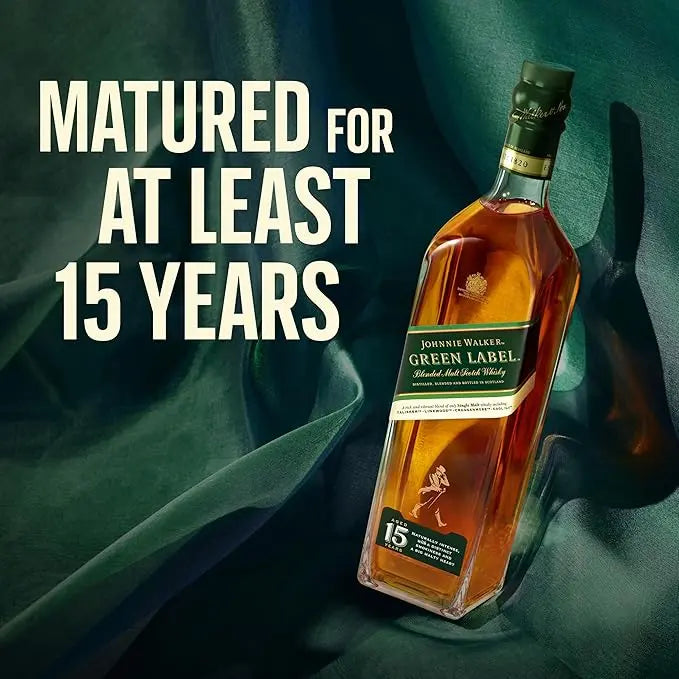 Bottle of Johnnie Walker Green Label whisky with text 'Matured for at least 15 years' on a dark green background.