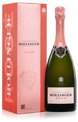 Bollinger Rose champagne bottle and packaging on a white background