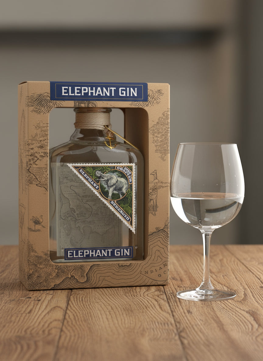 Bottle of Elephant Gin in a decorative box with branding and design elements.