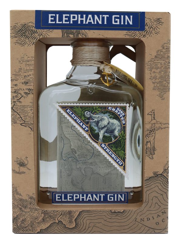 Bottle of Elephant Gin in a decorative box with branding and design elements.