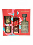 Johnnie Walker Red Label gift pack with bottles and glasses on a colorful box