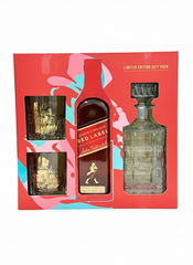 Johnnie Walker Red Label gift pack with bottles and glasses on a colorful box